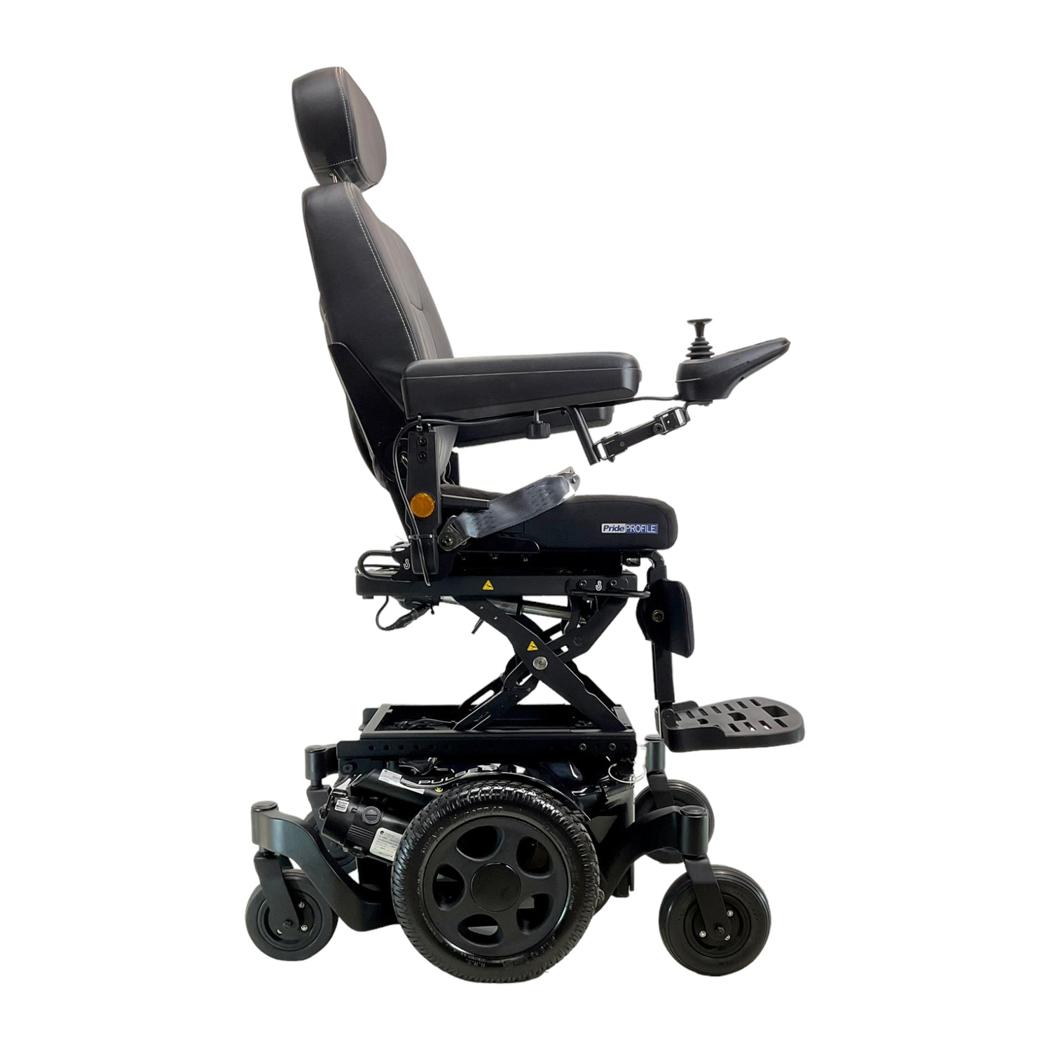 Right side profile of elevated Sunrise Medical Quickie Pulse 6 Rehab Power Chair