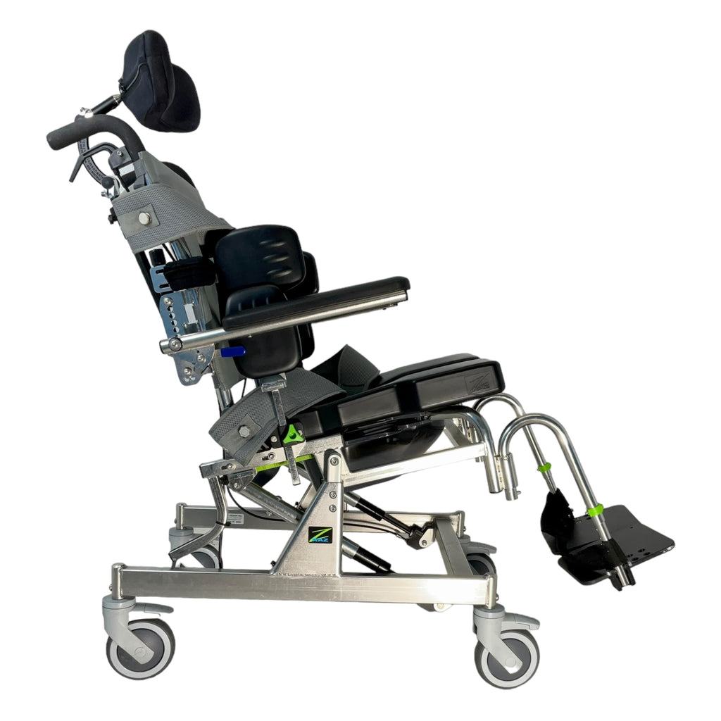 Right profile view of Raz-AT attendant tilt shower chair