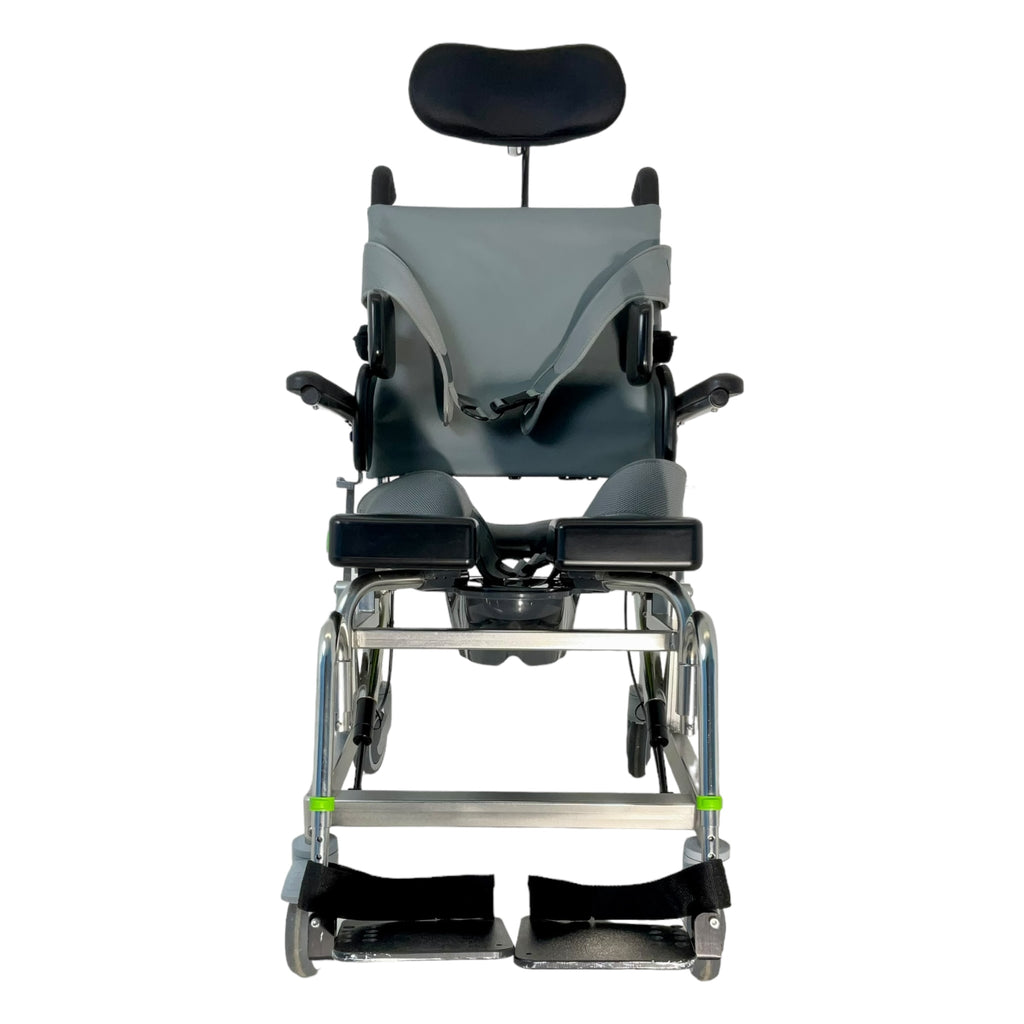 Front view of Raz-AT attendant tilt shower chair