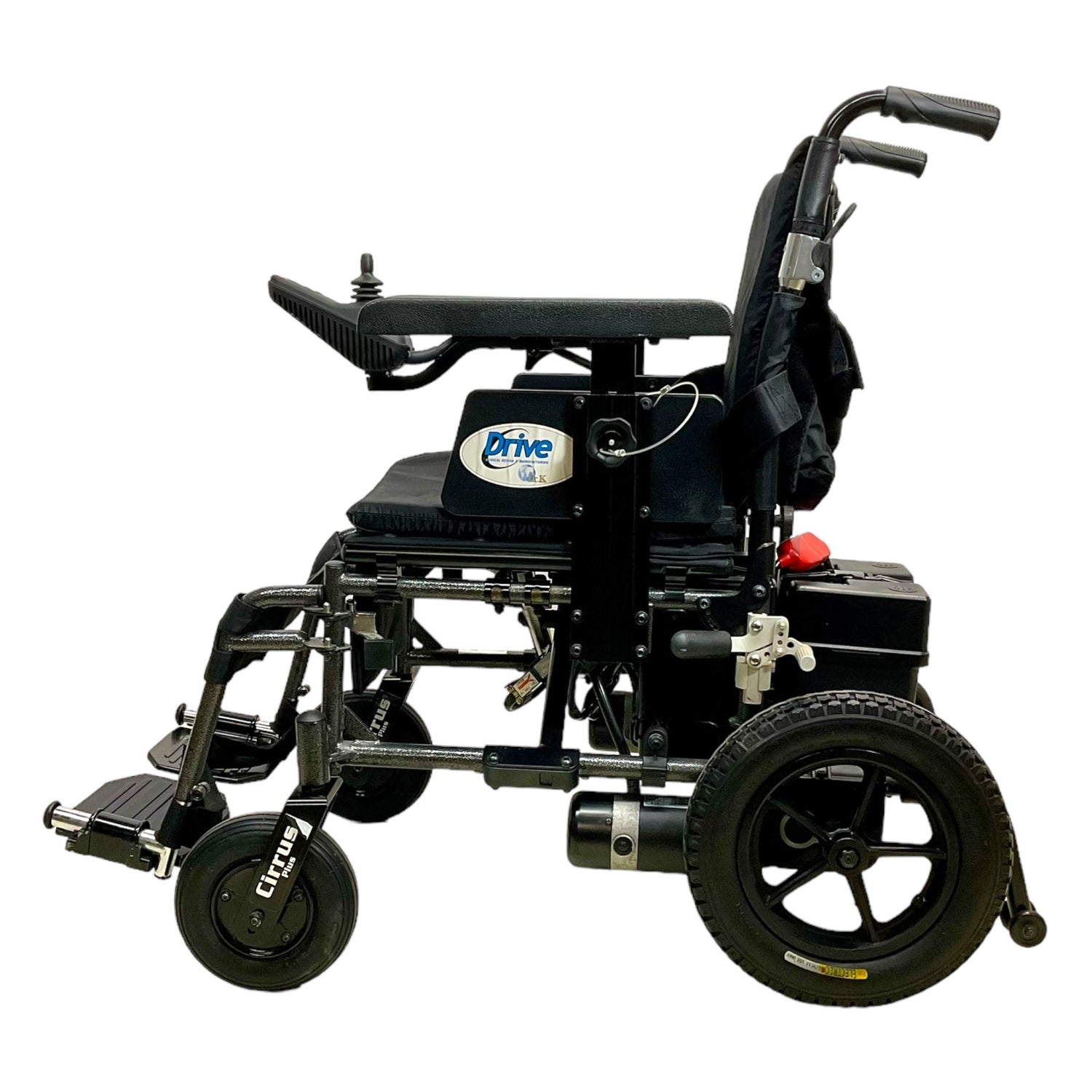 Left profile view of Drive Cirrus Plus power chair