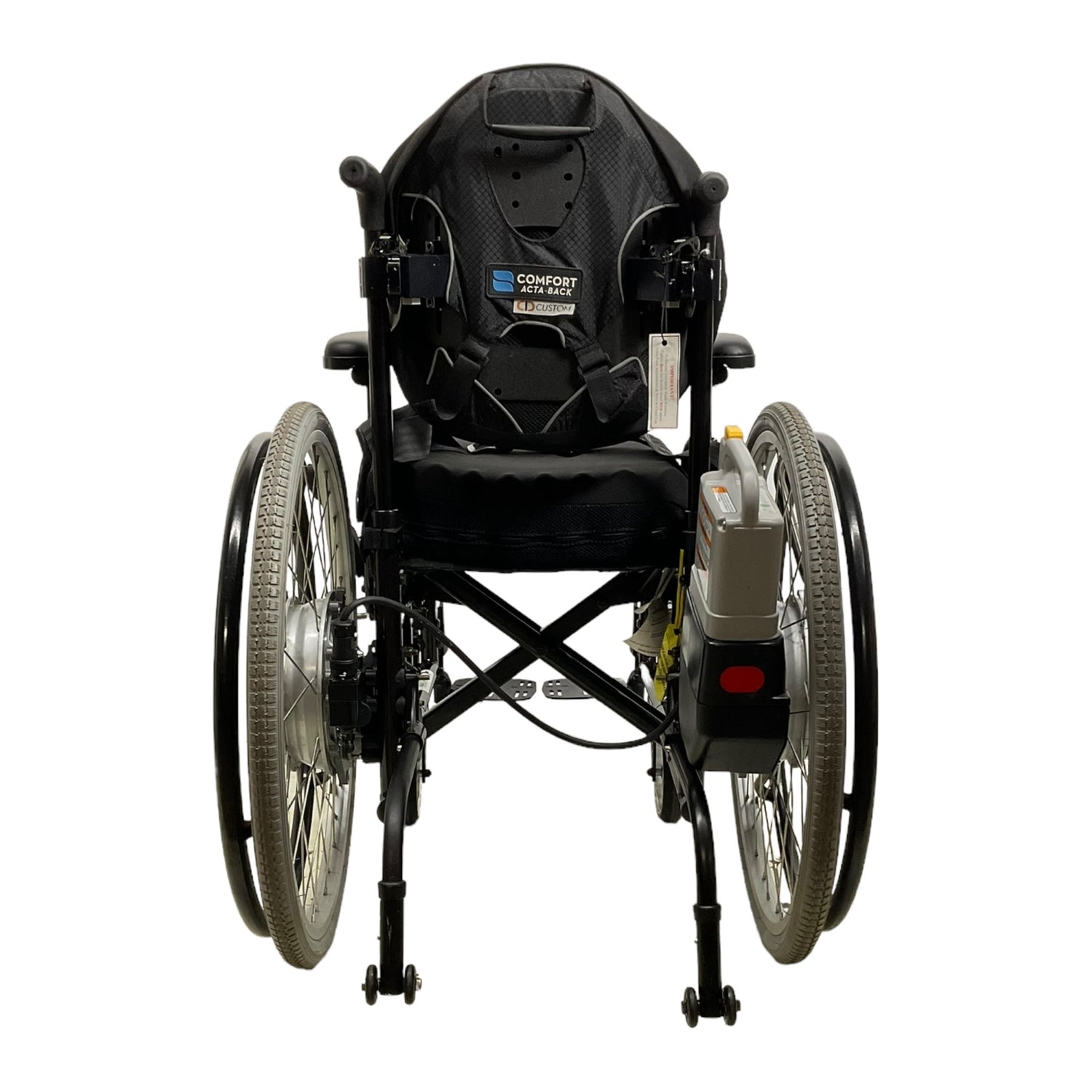 Back view of Quickie 2 wheelchair with power assist wheels