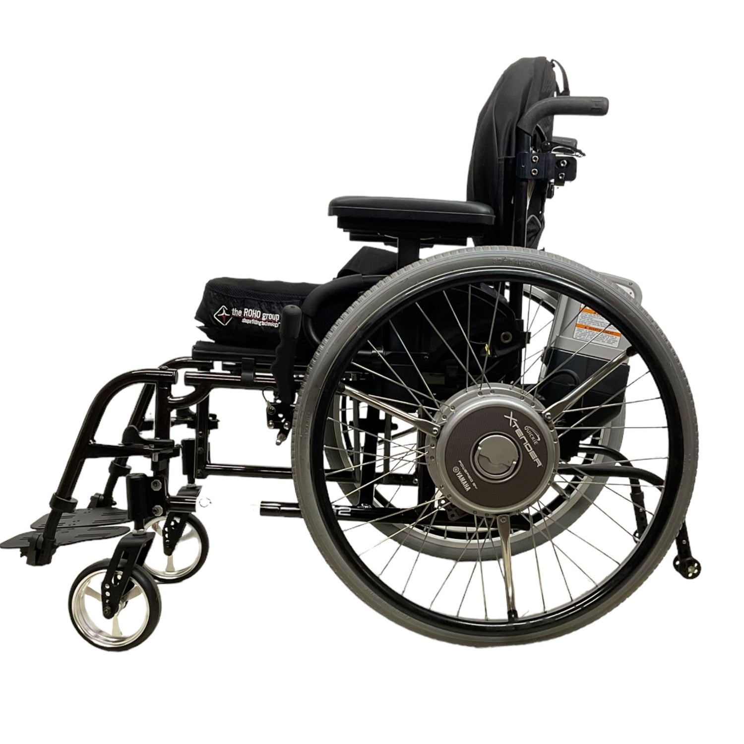 Left profile view of Quickie 2 wheelchair with power assist wheels