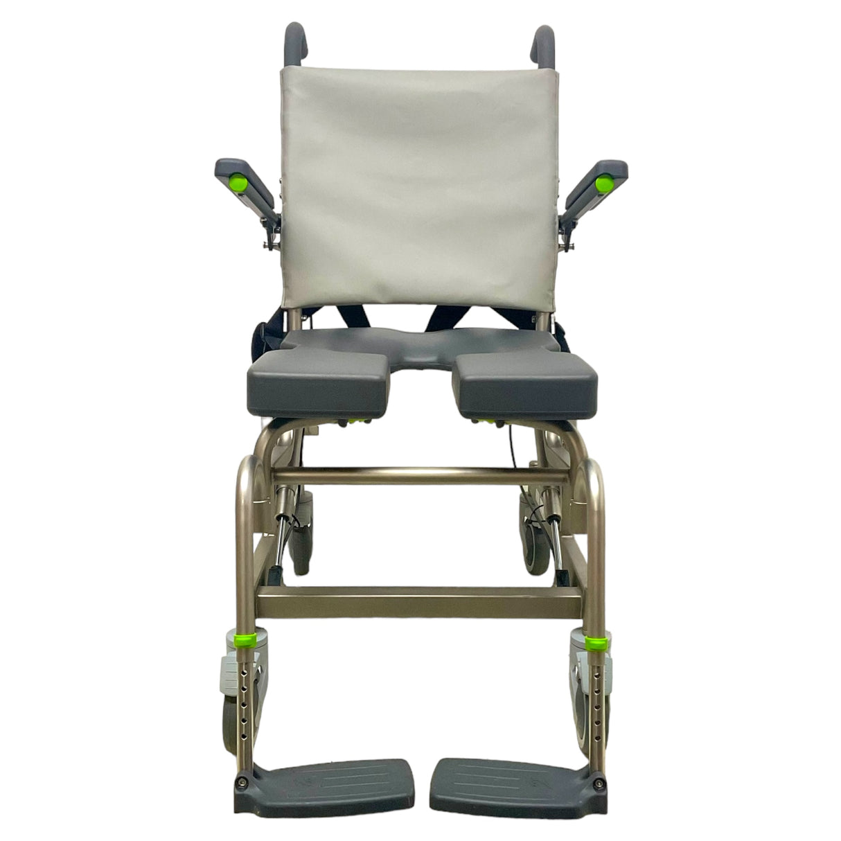 Front view of Raz Designs RAZ-AT Attendant Tilt Roll-In Shower Chair