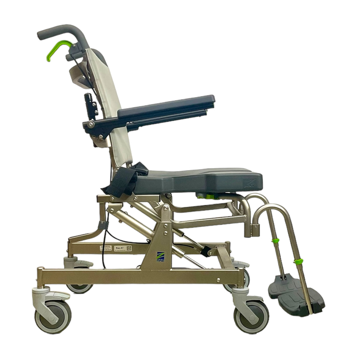 Right side view of Raz Designs RAZ-AT Attendant Tilt Roll-In Shower Chair