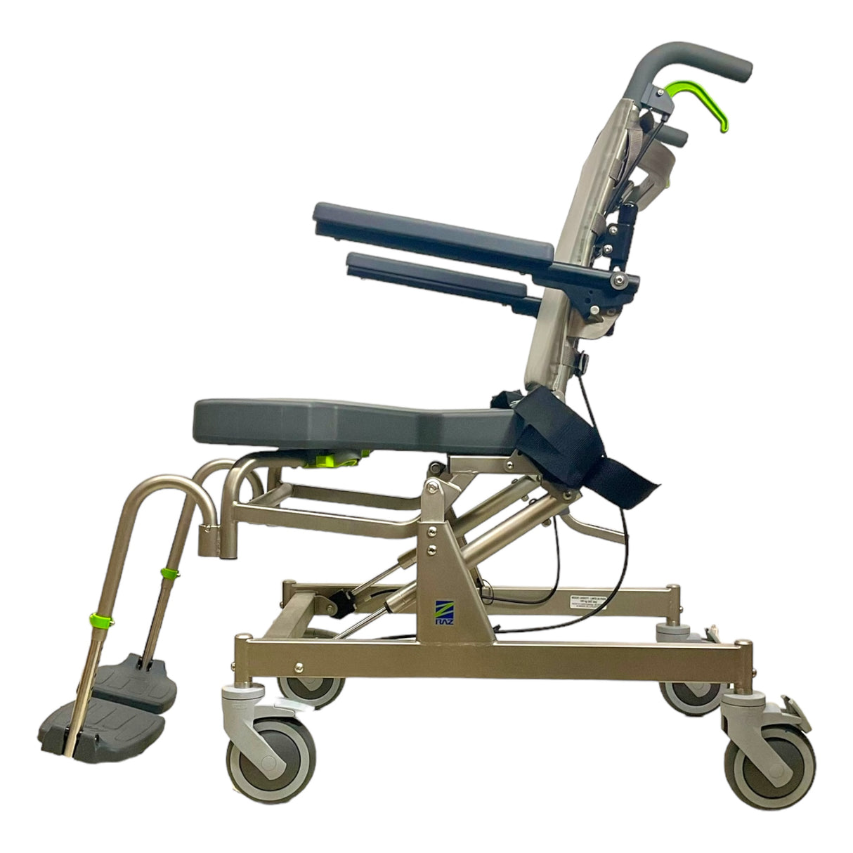 Left side view of Raz Designs RAZ-AT Attendant Tilt Roll-In Shower Chair