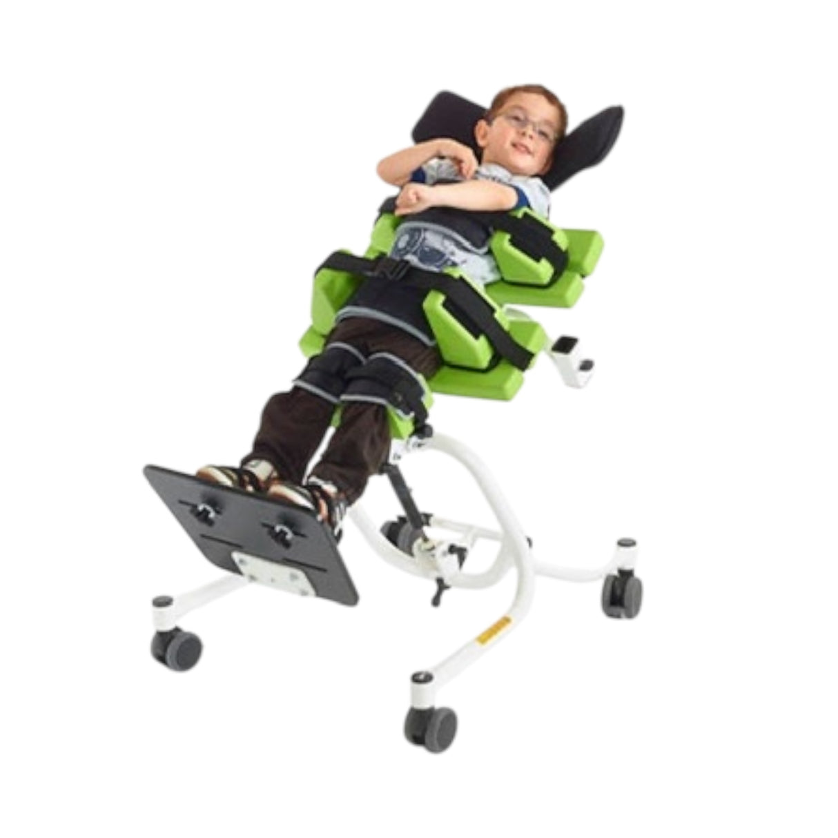 Child using a green and black Jenx stander with a white background