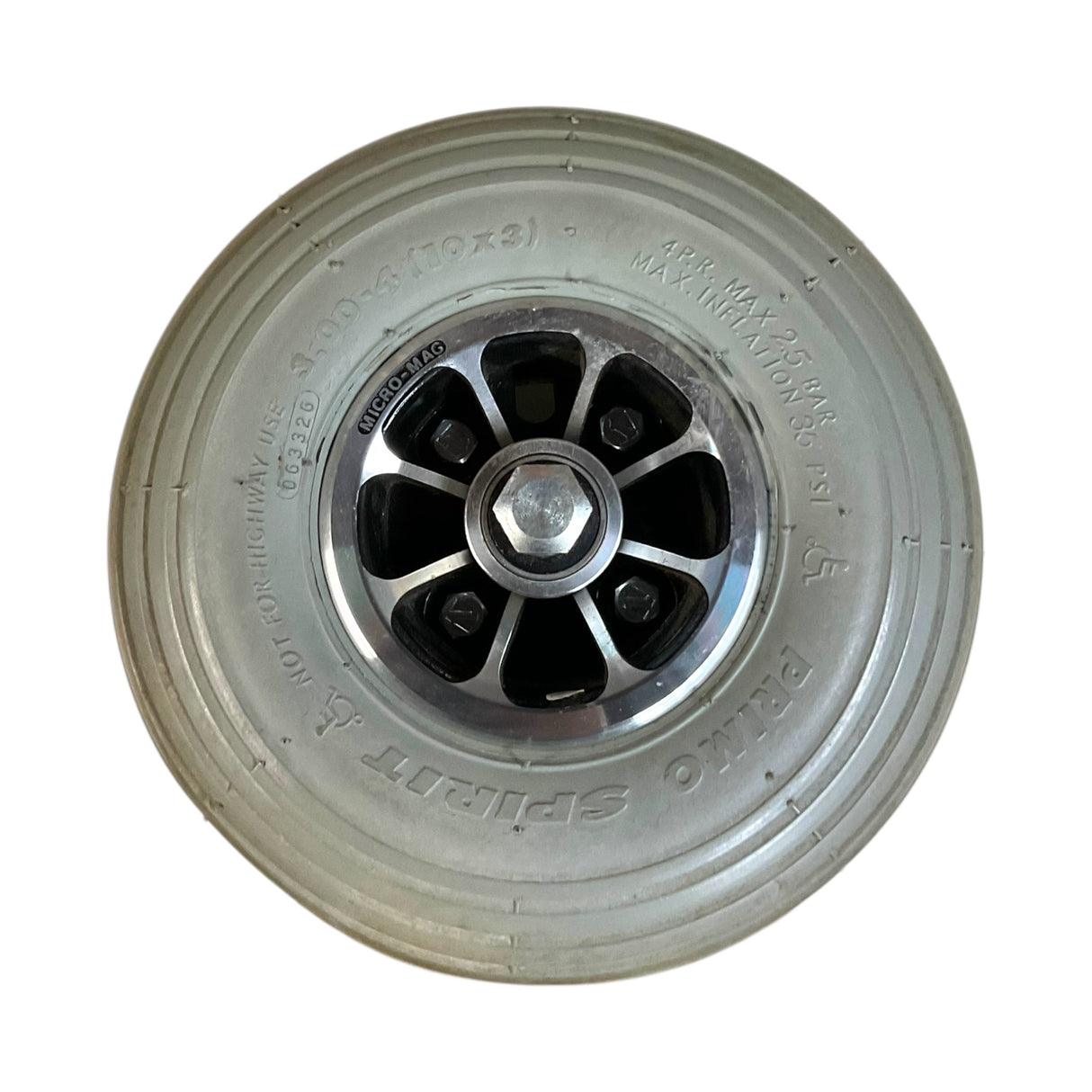 Front View of Flat-Free Front Wheel Assembly for 3-Wheel Pride Mobility Celebrity X & Legend Scooters