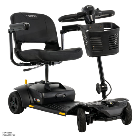 A black Pride Go Go Ultra X medical scooter with a padded seat, steering handlebar, front storage basket, and wheels, shown on a plain white background.