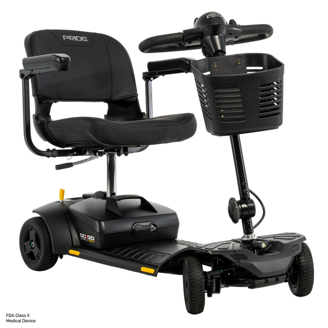 A black Pride Go Go Ultra X medical scooter with a padded seat, steering handlebar, front storage basket, and wheels, shown on a plain white background.