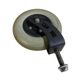 A single industrial wheel assembly with a beige rubber tire, black mounting bracket, and a threaded metal bolt with a hex nut, isolated on a white background.