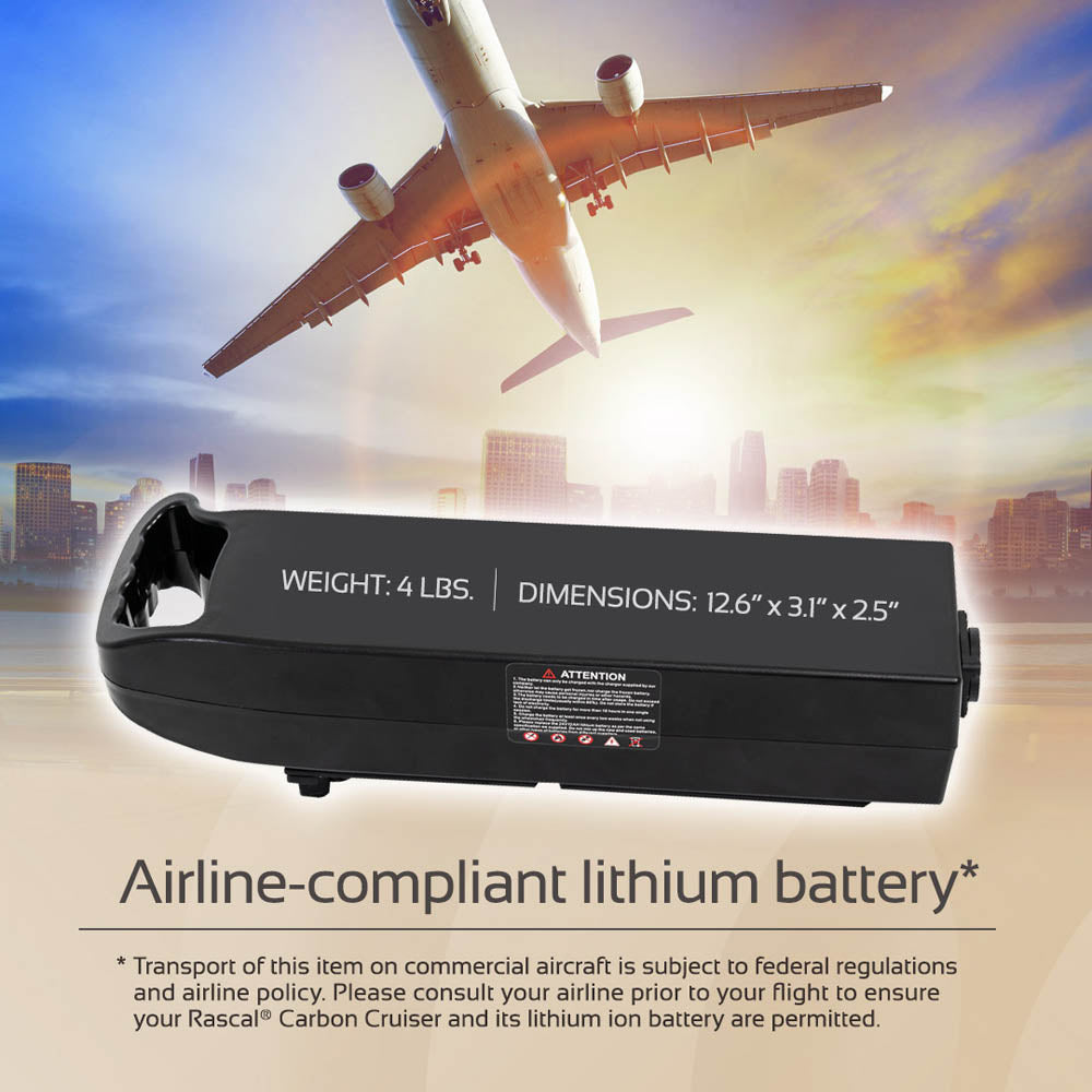 Airline-compliant lithium battery with airplane and cityscape in the background