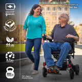 Woman walking next to a man in a wheelchair with product features displayed on the left.