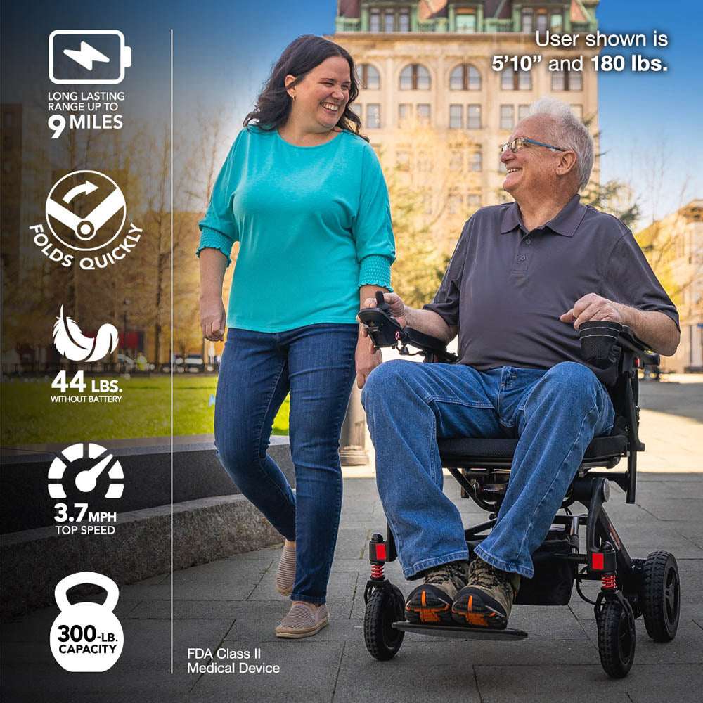 Woman walking next to a man in a wheelchair with product features displayed on the left.