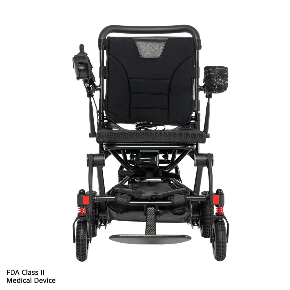 Black electric wheelchair on a white background
