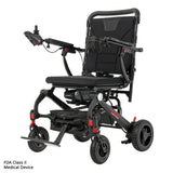 Black electric wheelchair with folded legs on a white background
