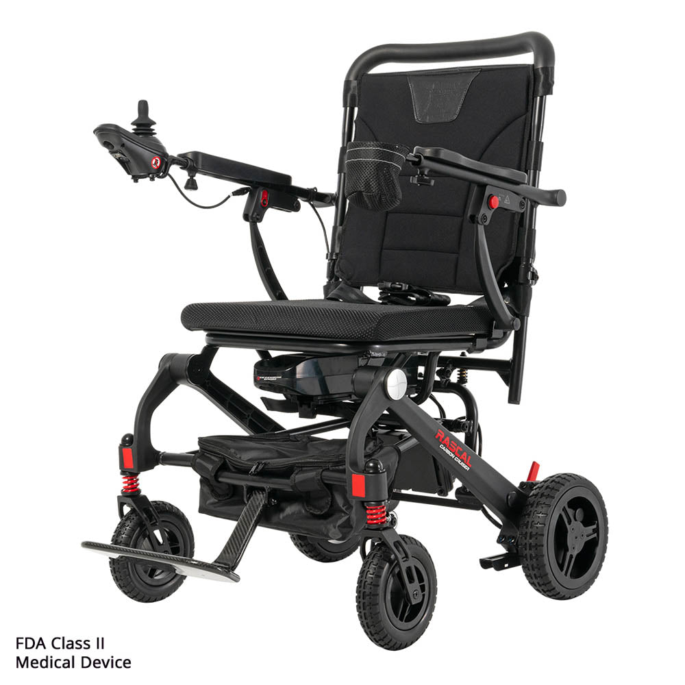Black electric wheelchair with folded legs on a white background