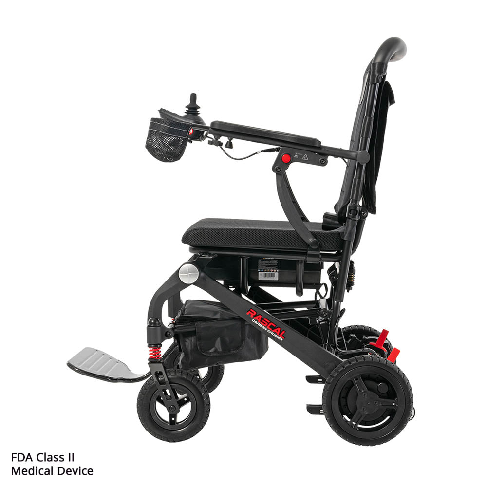 Black electric wheelchair with 'Rascal' branding on a white background