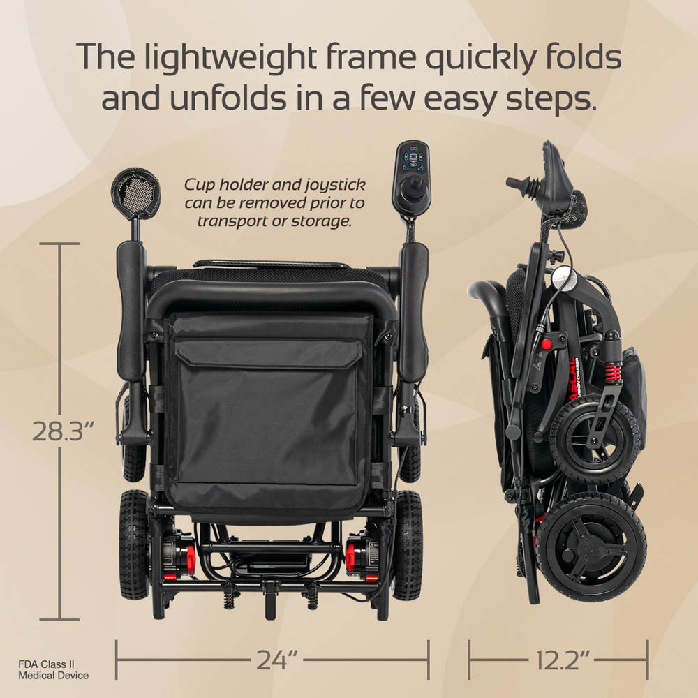 Foldable wheelchair with measurements and text on a beige background