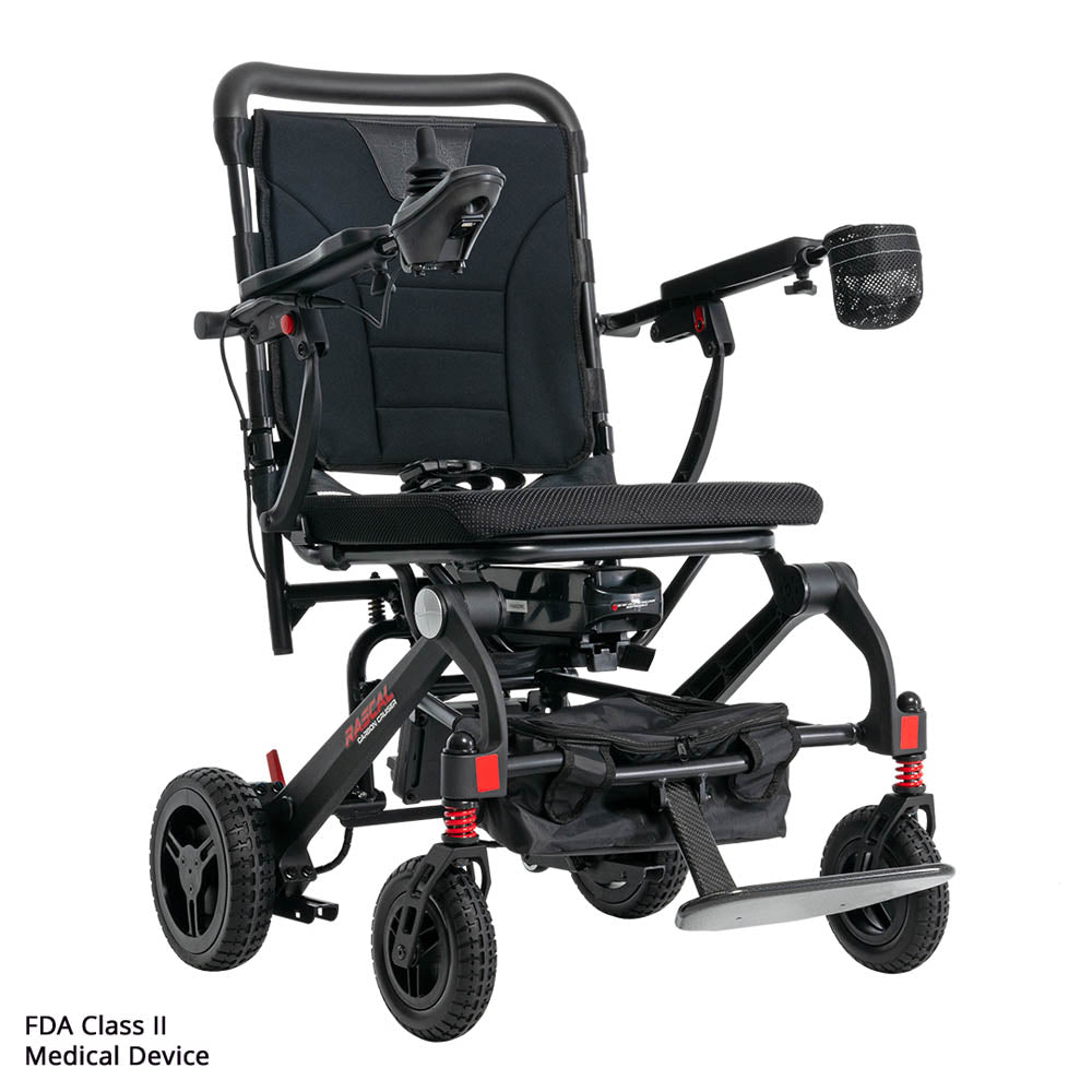 Black electric wheelchair with red accents on a white background