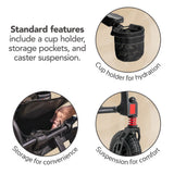 Product features including a cup holder, storage pockets, and caster suspension on a white background.