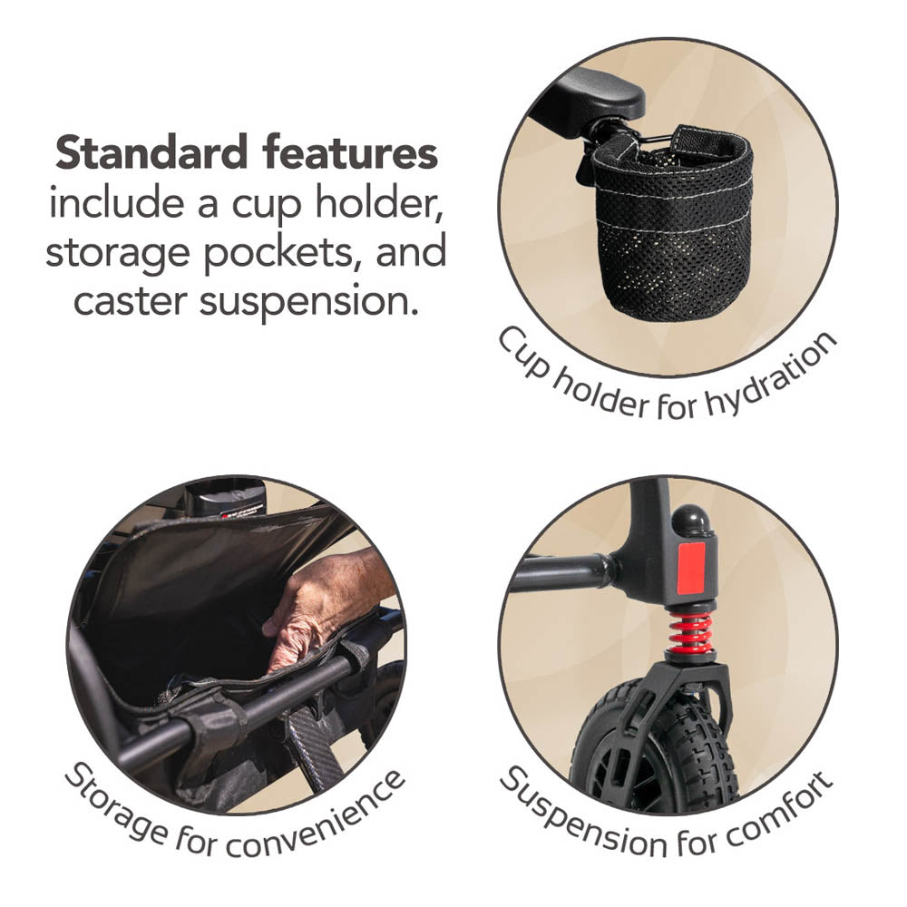 Product features including a cup holder, storage pockets, and caster suspension on a white background.
