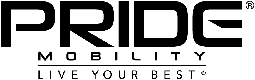 the Pride Mobility logo - the word 'pride' in large stylized black capitals above the word 'mobility' in smaller black capitals, followed by a thin horizontal black dividing line and the tagline 'live your best' in black capitals
