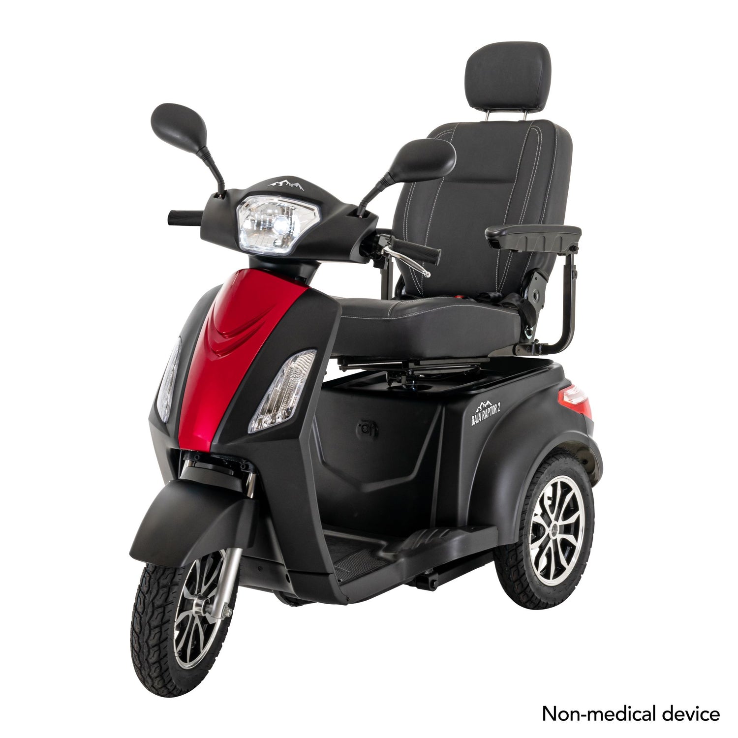 front view of a Baja Raptor 2 from Pride Mobility in Matte Black with Candy Apple Red insert