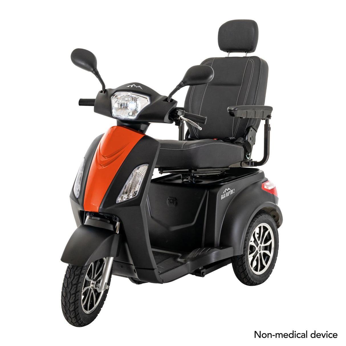 front view of a Baja Raptor 2 from Pride Mobility in Matte Black with Evolution Orange insert