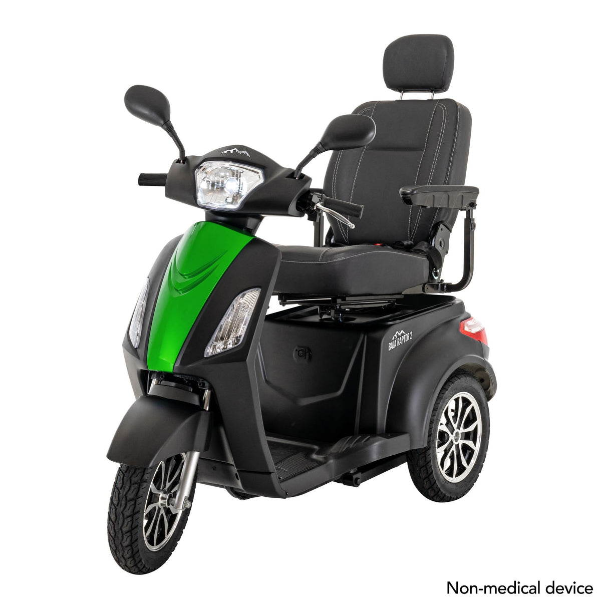 front view of a Baja Raptor 2 from Pride Mobility in Matte Black with Green Machine insert
