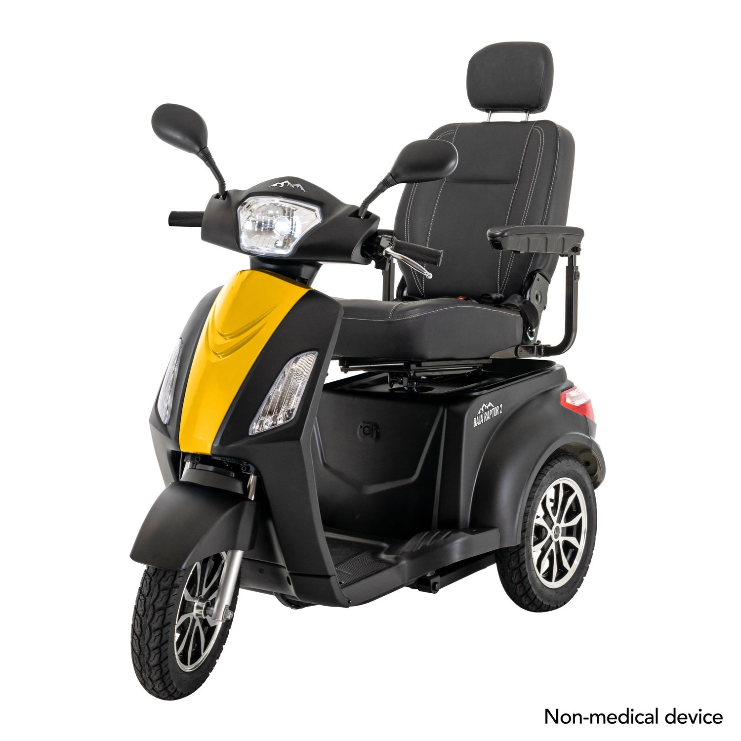 front view of a Baja Raptor 2 from Pride Mobility in Matte Black with Lemon Crush insert