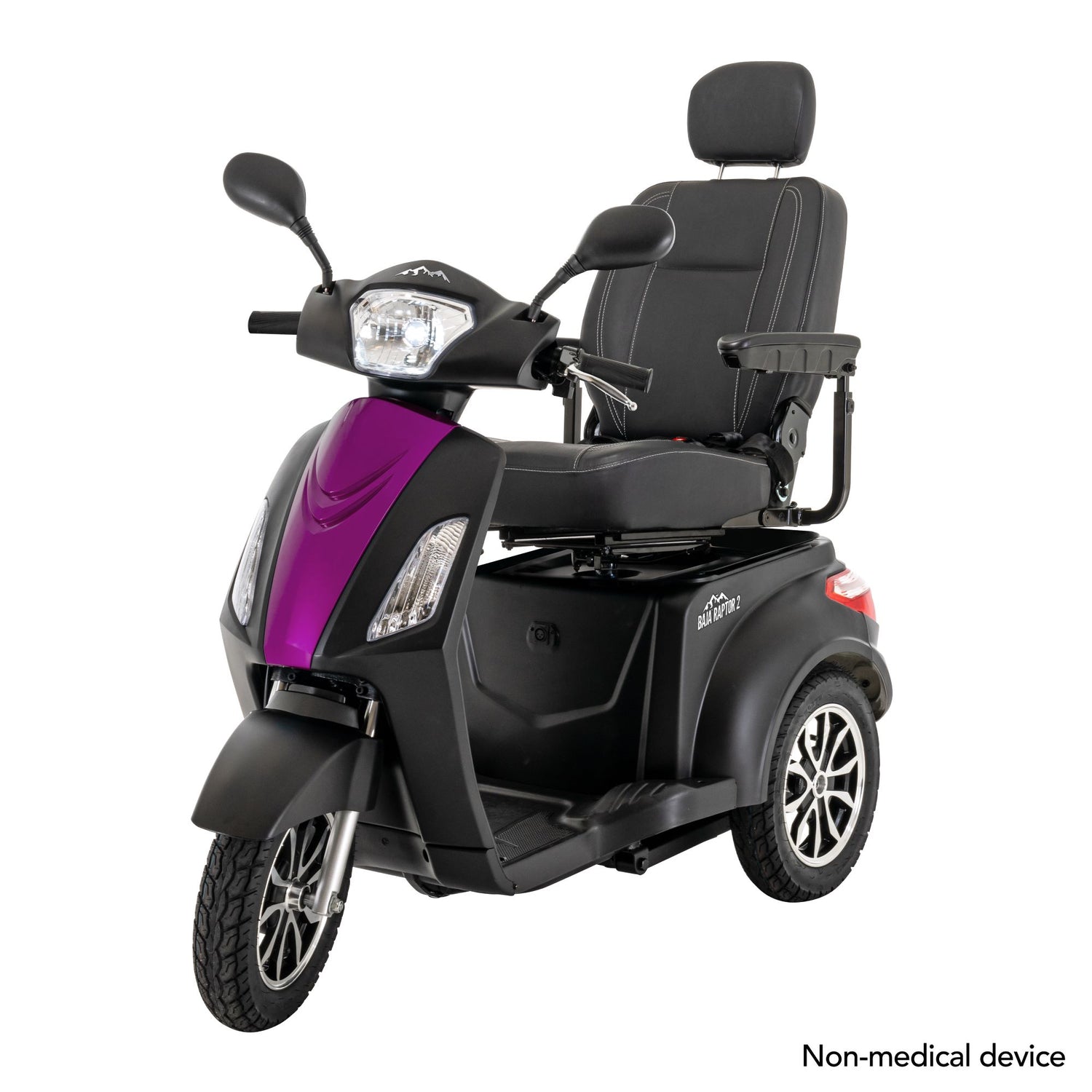 front view of a Baja Raptor 2 from Pride Mobility in Matte Black with Pink Topaz insert