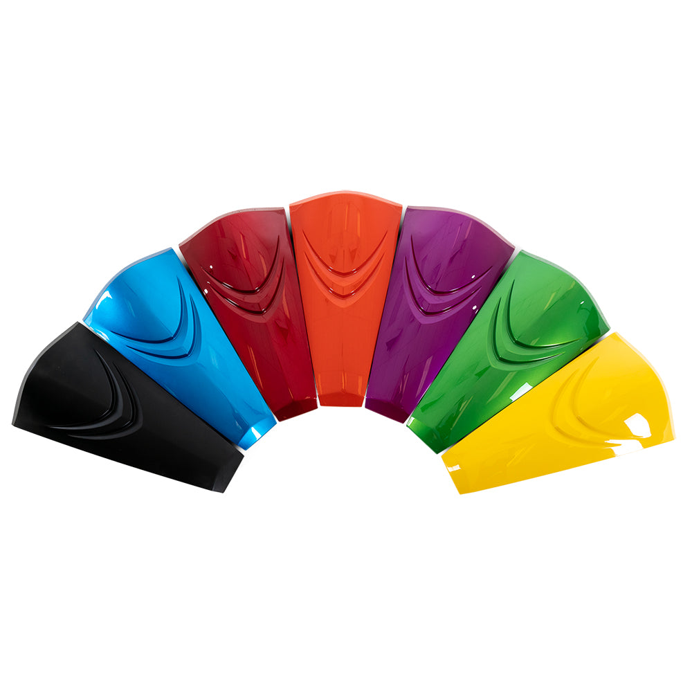 the colored insert panels for the Pride Mobility Baja Raptor 2 mobility scooter displayed in a fan from left to right: Matte Black, True Blue, Candy Apple Red, Evolution Orange, Pink Topaz, Machine Green, Lemon Crush