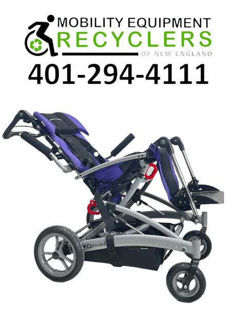 convaid rodeo gray pediatric stroller with purple fabric