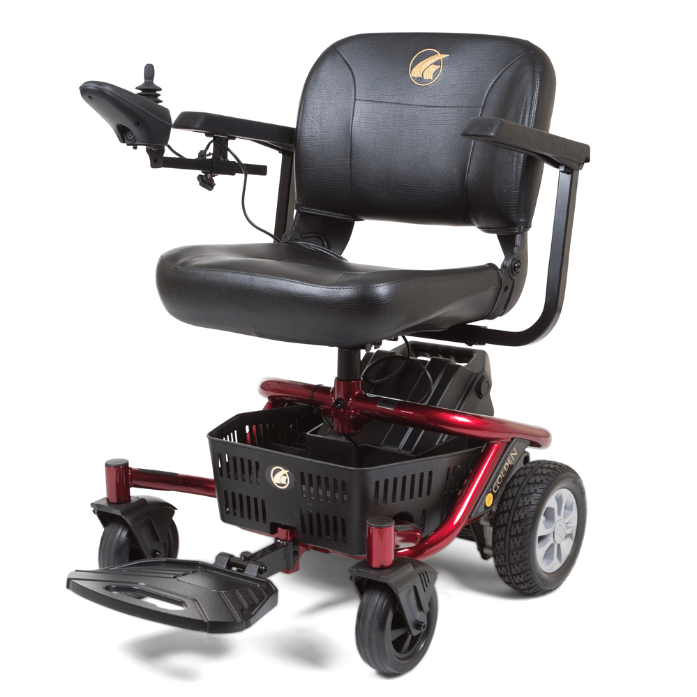 Left-facing side profile of red Golden Technologies Literider Envy Portable Power Chair
