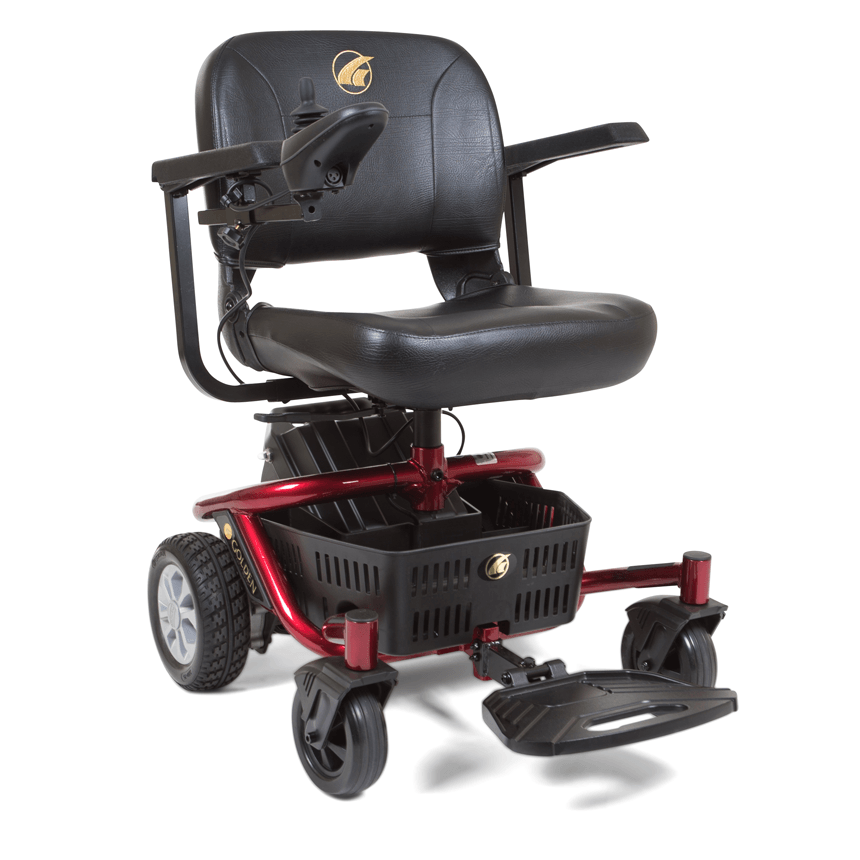 Right facing side profile of red Golden Technologies Literider Envy Portable Power Chair