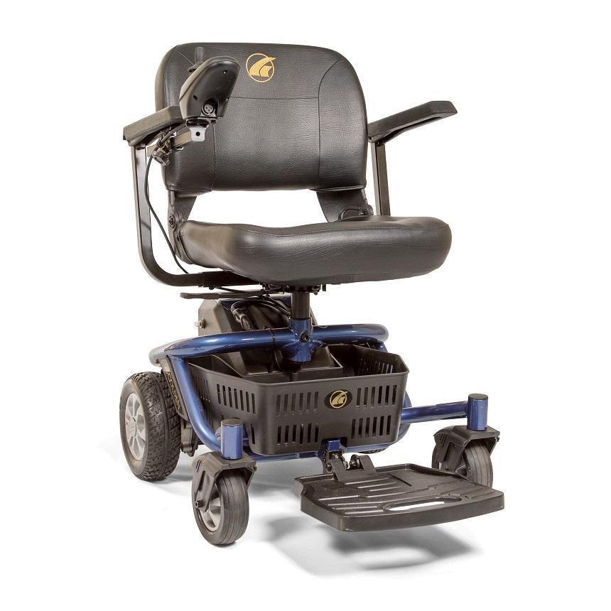 Right-facing side profile of blue Golden Technologies Literider Envy Portable Power Chair