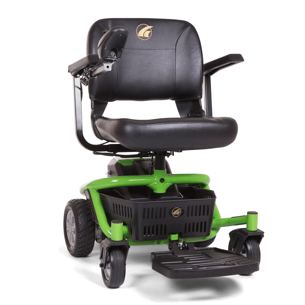 Right-facing side profile view of green Golden Technologies Literider Envy Portable Power Chair
