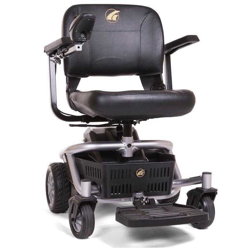 Right-facing profile view of silver Golden Technologies Literider Envy Portable Power Chair