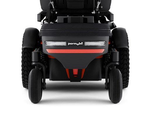 Rear view of Permobil M3 with Essentials Carrier attached
