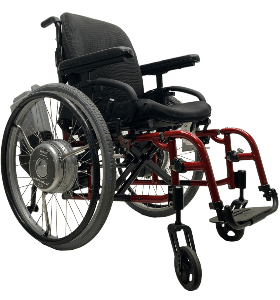 sunrise medical quickie 2 red manual folding wheelchair with Xtender power assist wheels