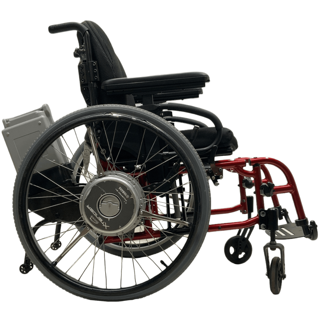 sunrise medical quickie 2 red manual folding wheelchair with Xtender power assist wheels right side