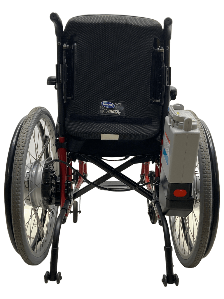 sunrise medical quickie 2 red manual folding wheelchair with Xtender power assist wheels rear view